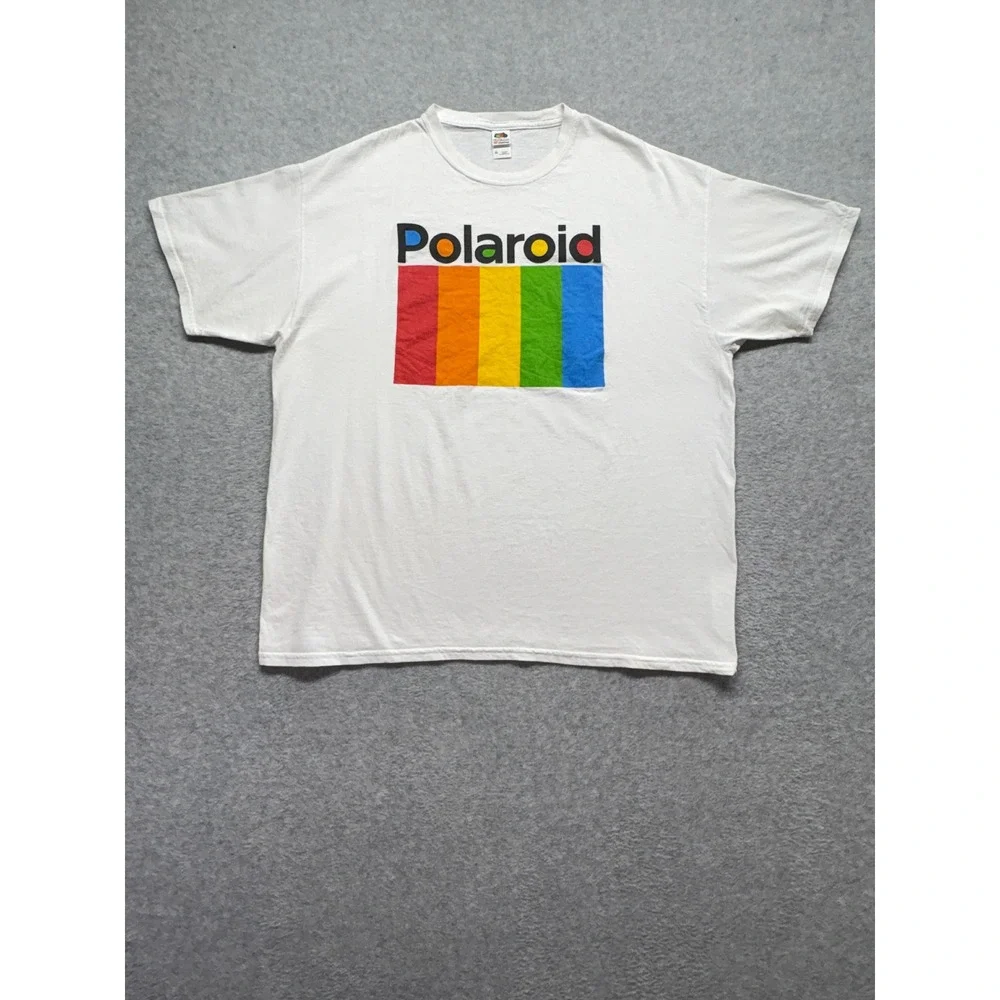 Polaroid T Shirt Mens XL White Fruit of the Loom HD Cotton Rainbow Logo Graphic